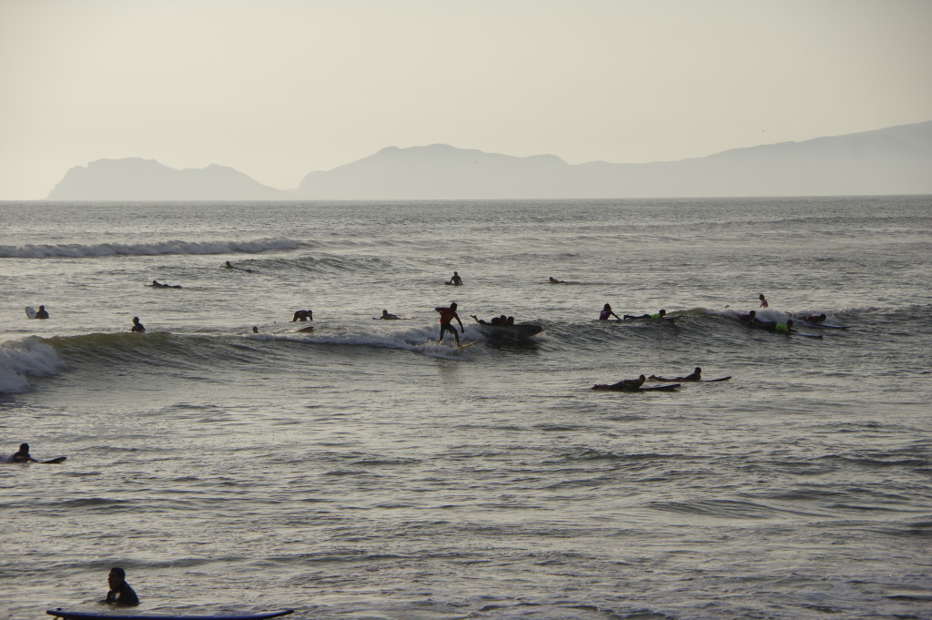Surfers trying to master the rough sea