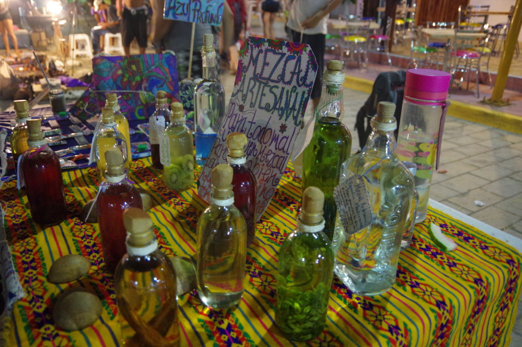 Many varieties of Mezcal for sale on the local market