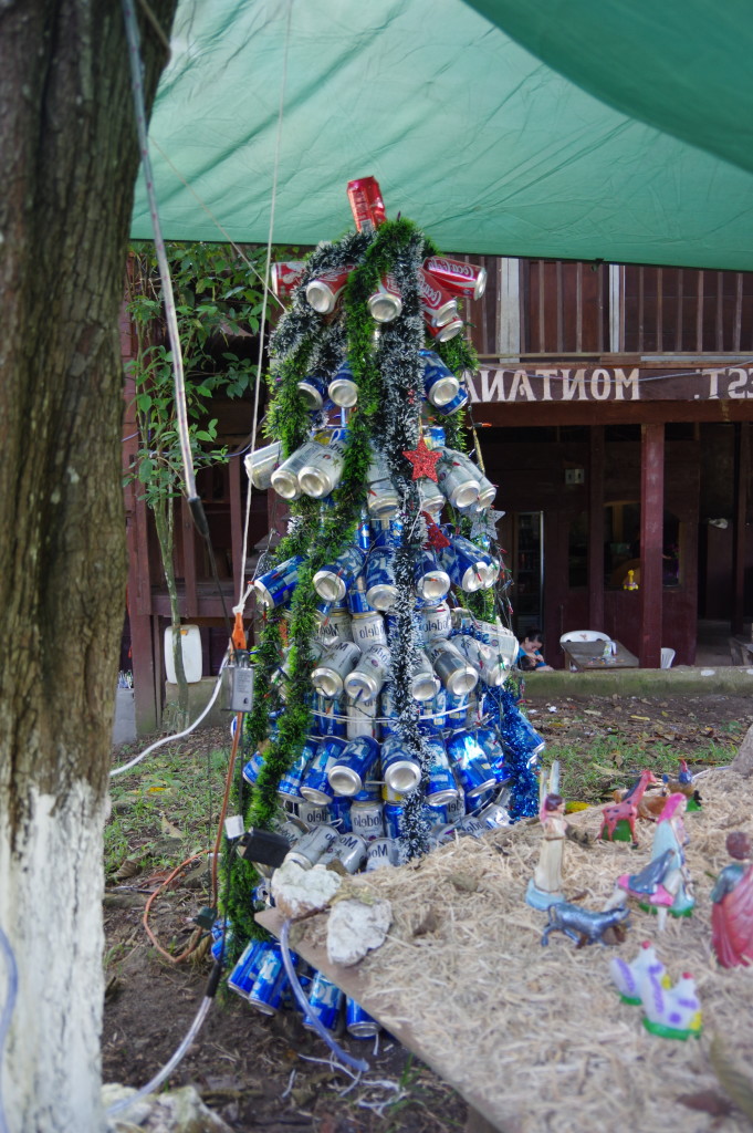 Beer can Christmas tree at a restaurant