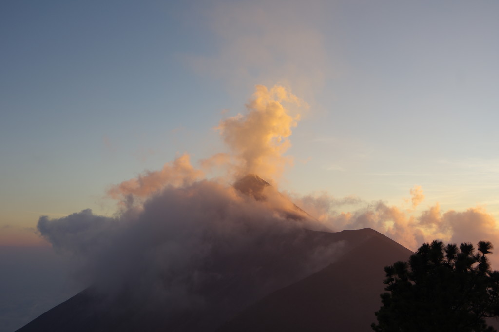 A first eruption of Fuego, seen from the camp